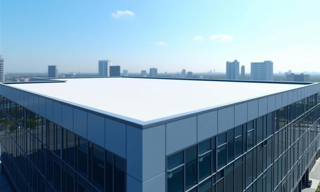 Large commercial office building with a recently completed, pristine new roof.